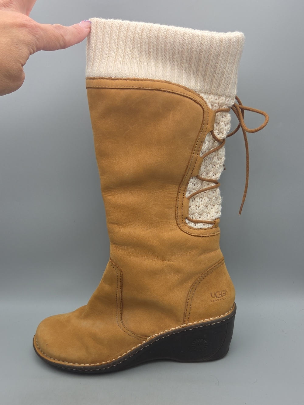 UGG Skyfall Wedge Boots In A Chestnut Suede with A Knit Cuff Size 10